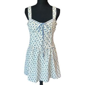 For Good Blue Floral Ribbon Trim Mini Dress NWT Size Medium Cottagecore
